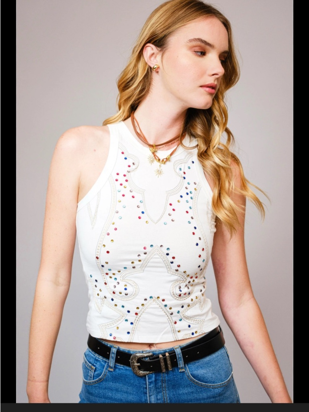 White Stud-Embellished Racer Tank Top